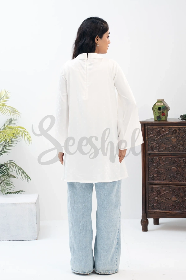 White Premium Silk Top with 3D Flower Yoke — 4