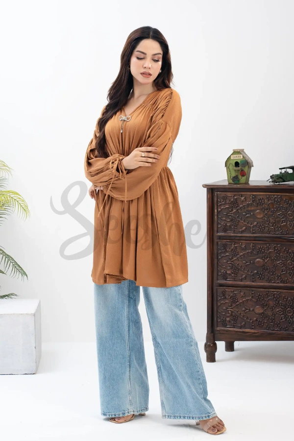 Golden Brown Premium Crinkle Silk Ruched top — 3