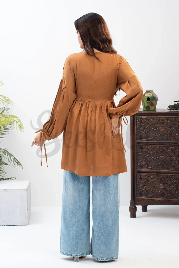 Golden Brown Premium Crinkle Silk Ruched top — 4