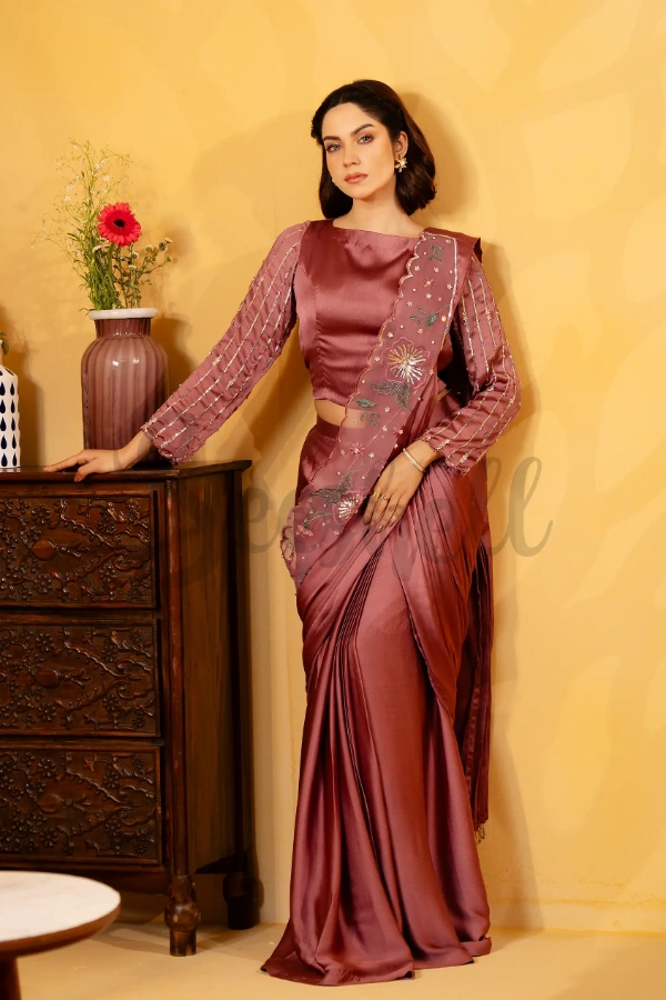 Plum Ready-to-wear Saree with Bead & Crystal Work on Achal — 3
