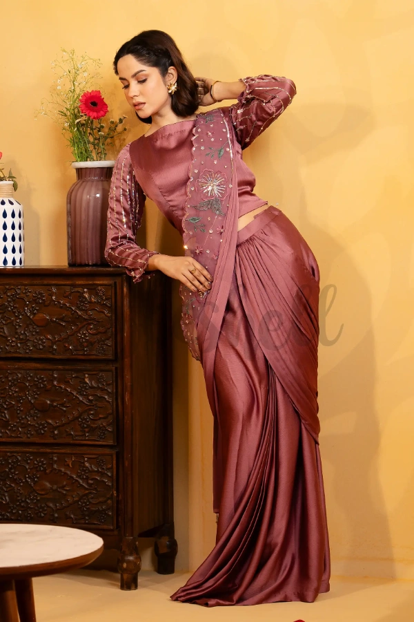Plum Ready-to-wear Saree with Bead & Crystal Work on Achal — 4