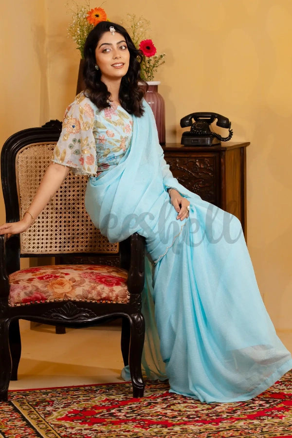 Sky Blue Zari Georgette Ready-to-wear Saree with Beaded Blouse — 3