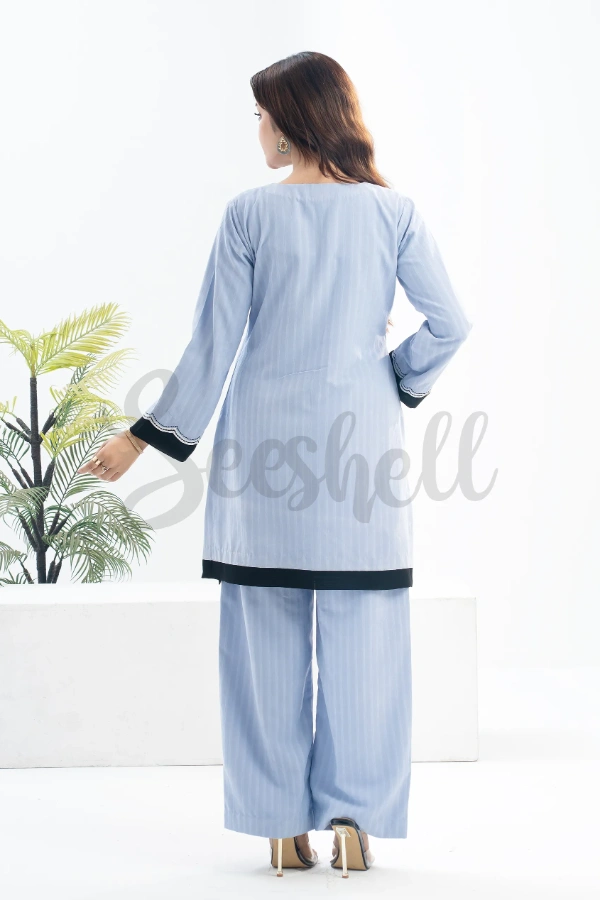 Pale Blue Co-ord Set with Black & White Embroidery — 3