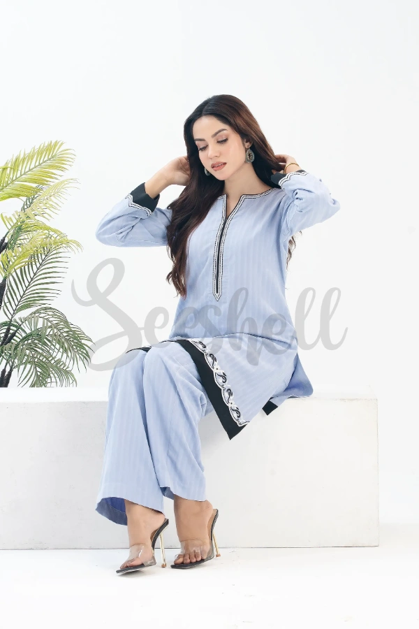 Pale Blue Co-ord Set with Black & White Embroidery — 4