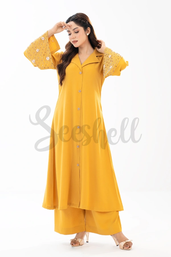 Mustard karchupi 2 Piece Set with Sleeve and button work — 3