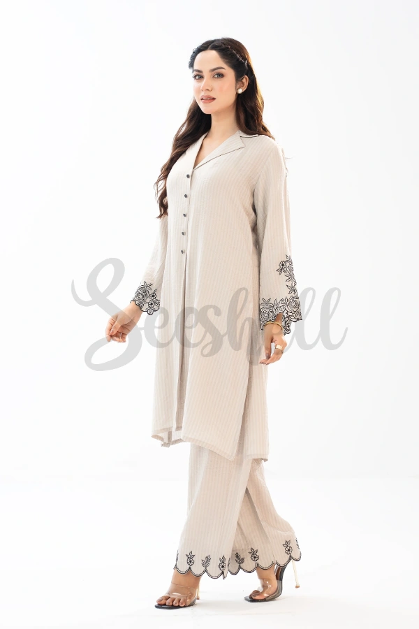 Striped Beige Co-ord Set with Embroidery — 3