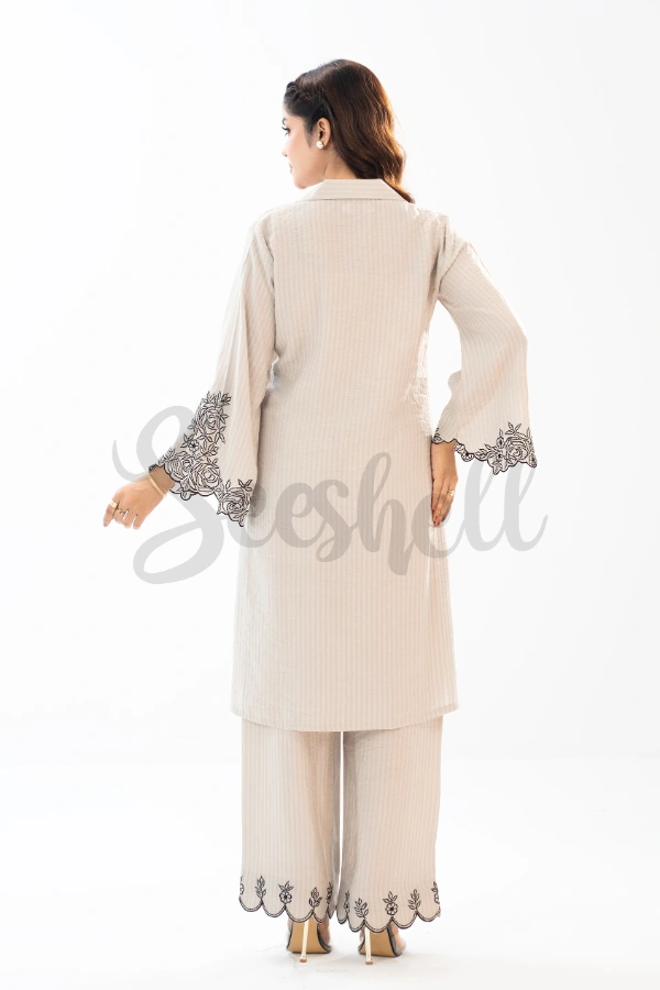 Striped Beige Co-ord Set with Embroidery — 4