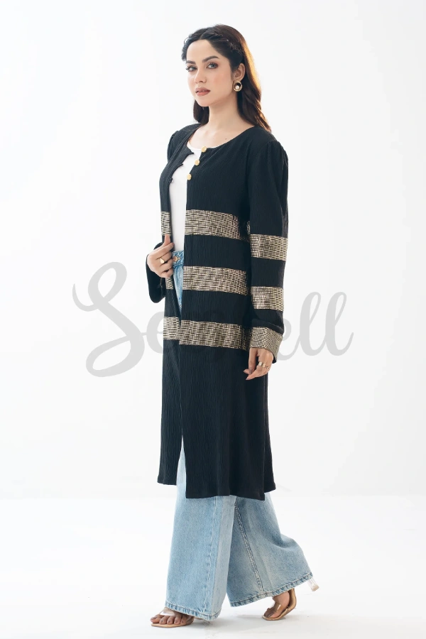 Black Crushed Viscous Outerwear with Gold Accents 1 Piece — 3