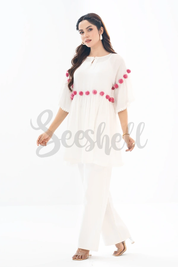 White Cheese Cotton Pompom Dress — 3