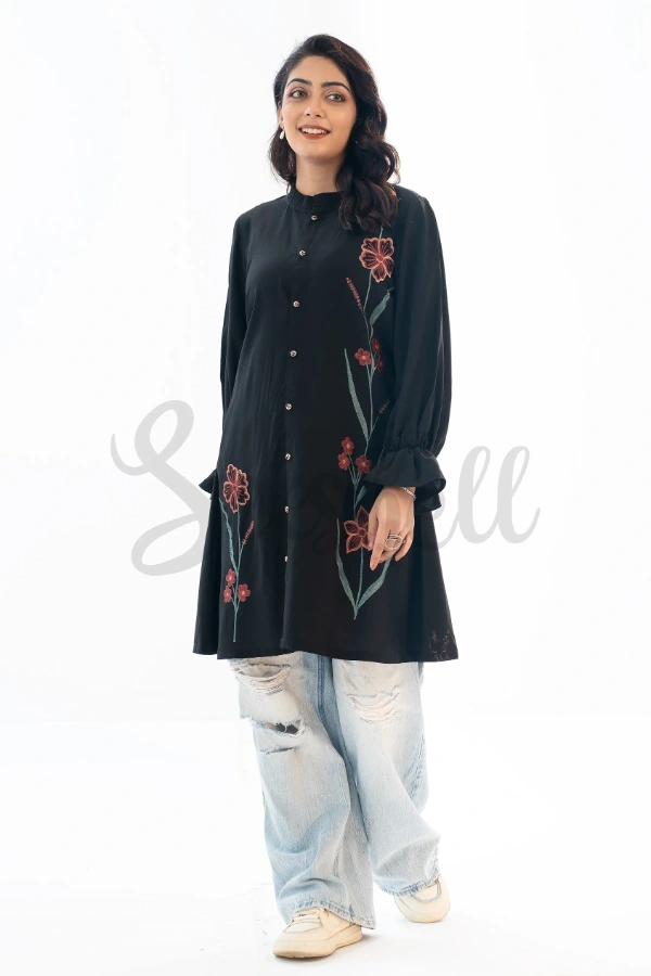 Black Blended Silk fabric  embroidery top — 3