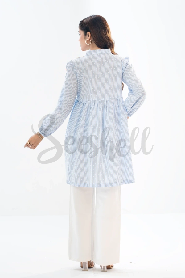 Embossed Striped Sky Blue Cotton with Floral Embroidery — 4