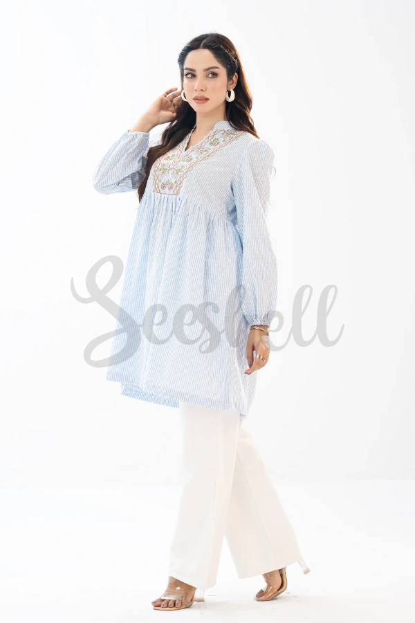 Embossed Striped Sky Blue Cotton with Floral Embroidery — 3