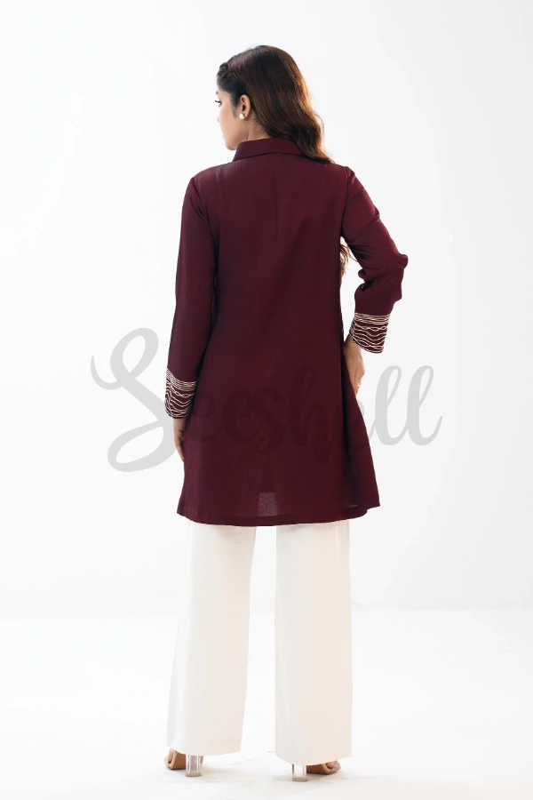 Maroon Premium Crinkle Silk Shirt with Cord Embroidery — 4