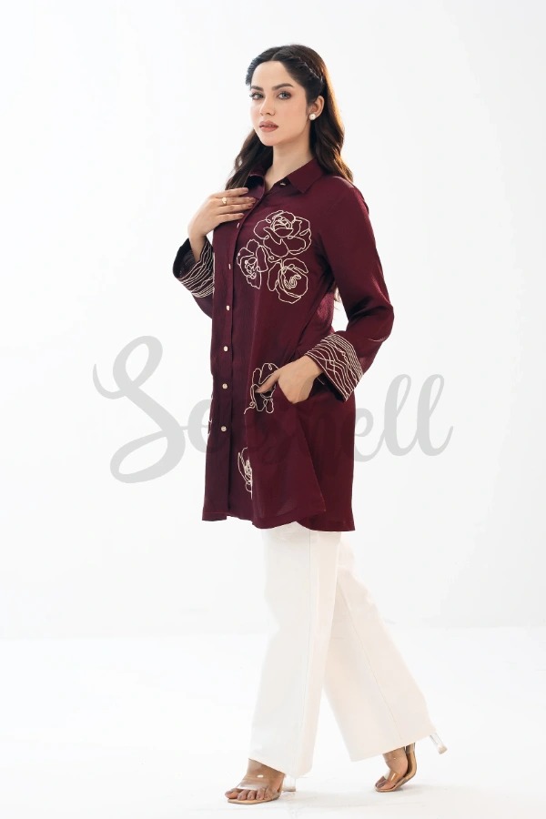 Maroon Premium Crinkle Silk Shirt with Cord Embroidery — 3