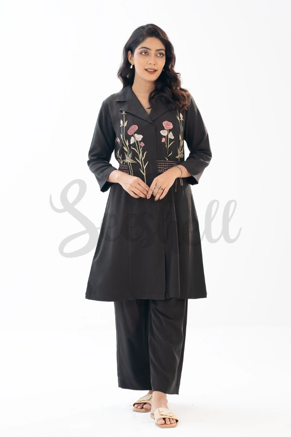 Black Blended fabric  embroidered co-ord with Floral Embroidery — 3