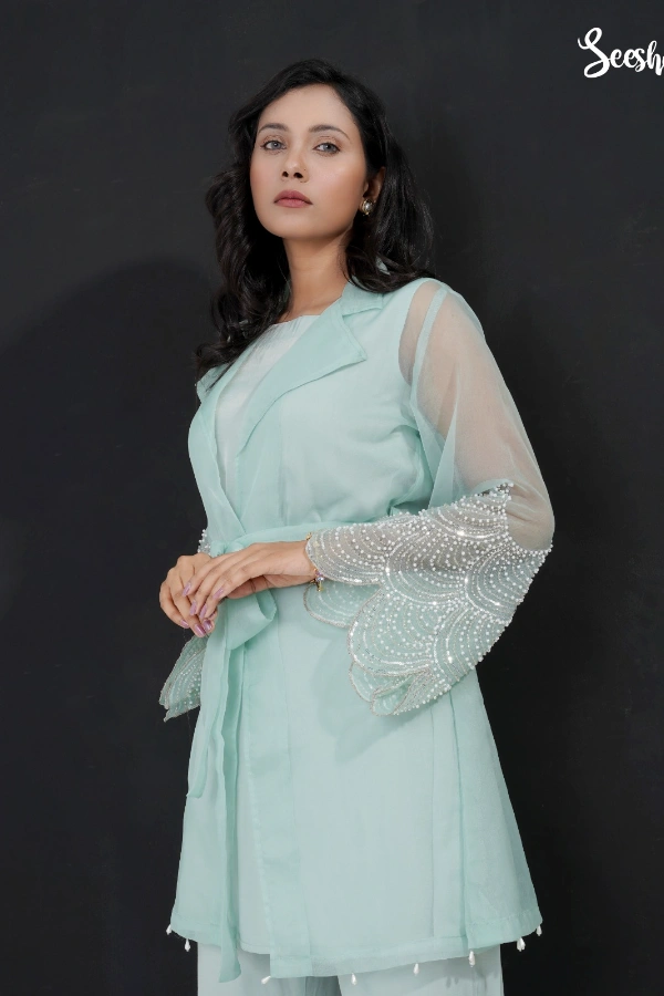 Muslin & Swiss Velvet  Color- Ash Blue & Mint  Embellishment- Pearl Applique & Pearl Fringes