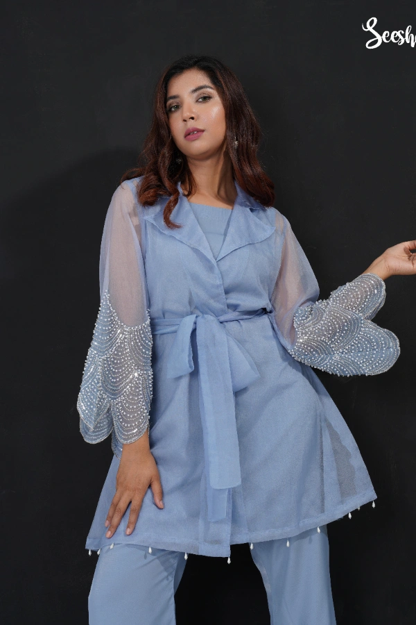 Muslin & swiss velvet  Color- Ash blue & Mint  Embellishment- Pearl applique & pearl fringes — 1
