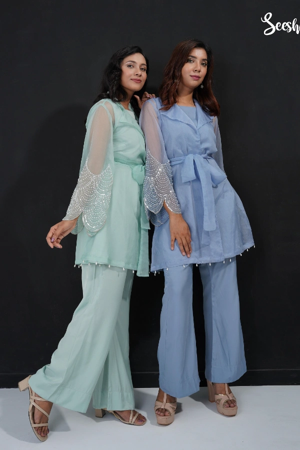 Muslin & swiss velvet  Color- Ash blue & Mint  Embellishment- Pearl applique & pearl fringes — 3