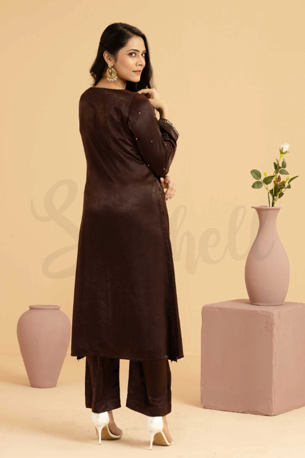 Dark Chocolate Silk Two Piece Set with Stone Work and Tambour Embroidery — 3