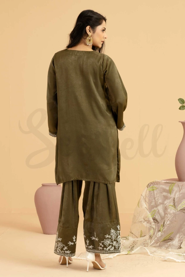 Moss Green Three Piece Set with All Over Embroidery — 3