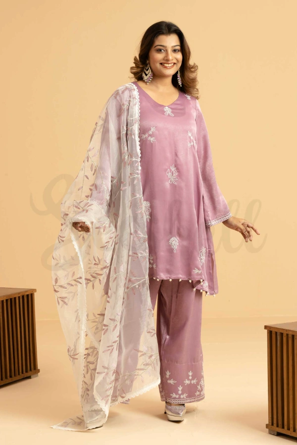 Lilac Three Piece Set With All Over Embroidery