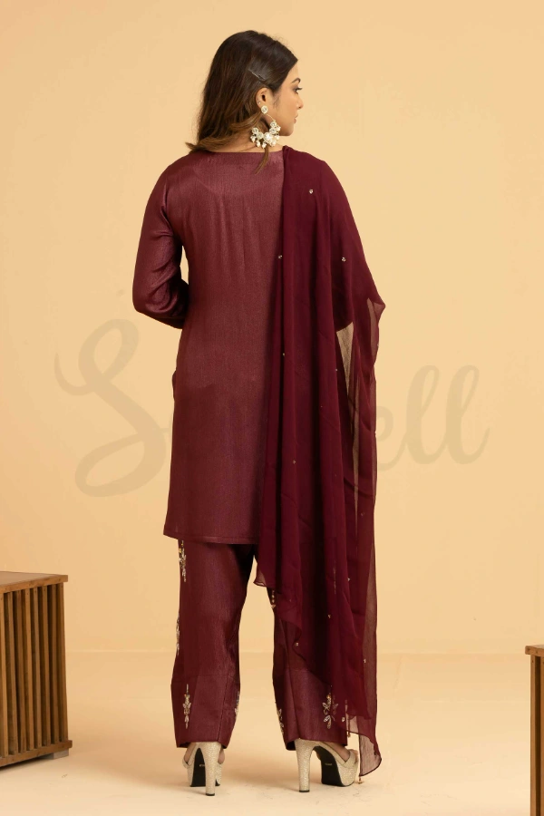 Burgundy Farsi Three Piece Set with Tanbour Bead Work — 3