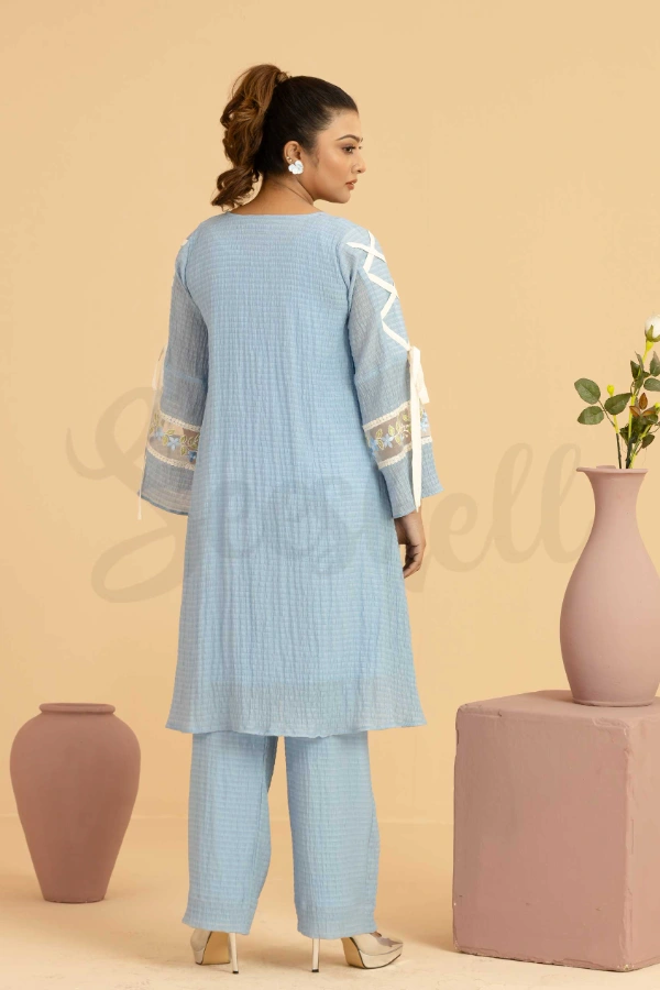 Pale Blue Crinkle Two Piece Set with Floral Embroidery — 3