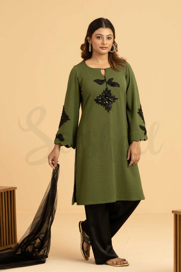 Sage Green Farsi Three Piece Set With Lace Applique