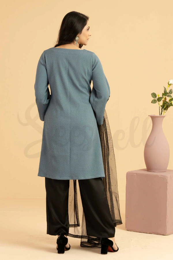 Blue Grey Farsi Three Piece Set with Lace Applique — 3