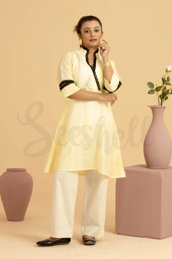 Pale Yellow Casual Co-ord Set With Lace Embelishment
