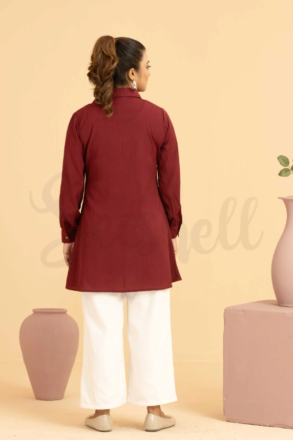 Burgundy Blended Silk Top with Lace Applique — 3