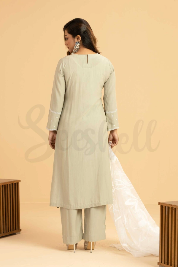 Pistachio and white contrast Semi casual three pcs dress — 3