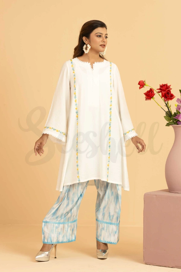 White And Blue Contrast Lace Work Co-ords