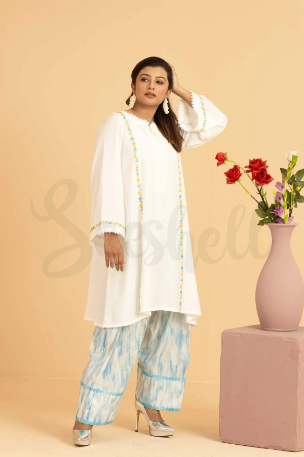 White and blue contrast lace work  Co-ords — 3