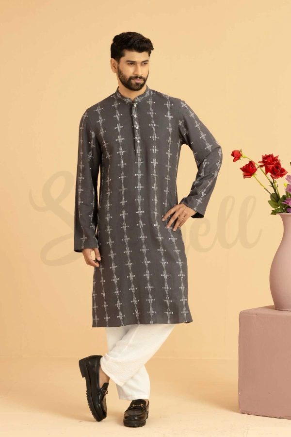Dark gray Hand Embroidery panjabi — 3