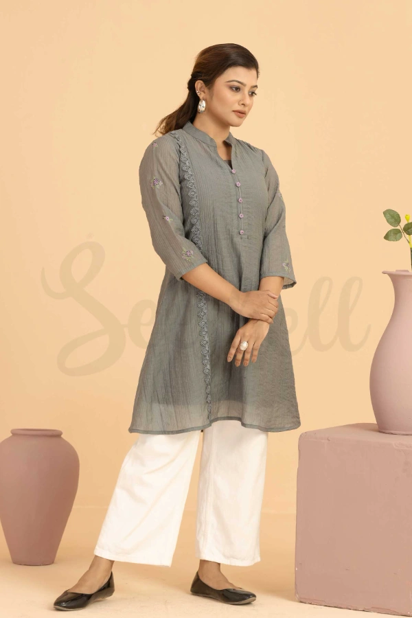 Gray embroidery work Semi casual one piece dress — 1