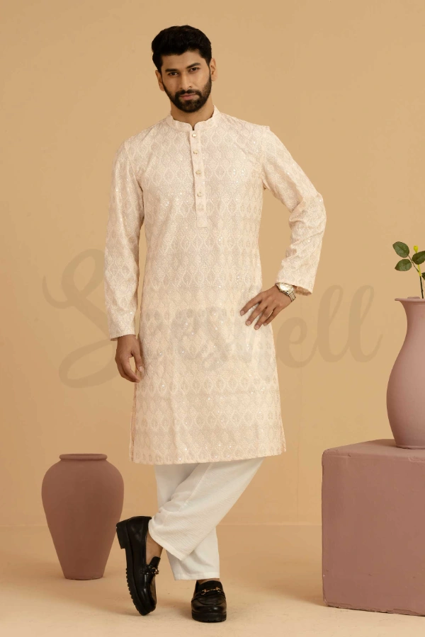 All Over Embroidery Men's Panjabi With High Quality Four Part Snap Button