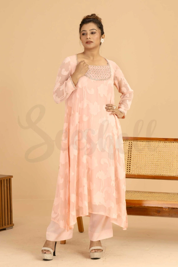 Peach Floral Zardosi Work Exclusive Two Piece Set