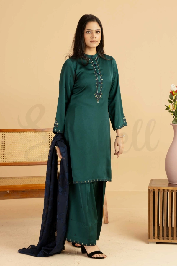 Racing Green And Royal Blue Contrast Semi Casual Three Piece Dress