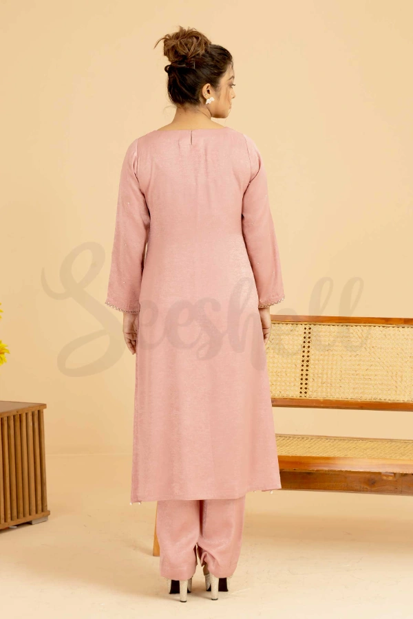 Blush Pink Silk Two Piece Set with Stone Work and Tambour Embroidery — 3
