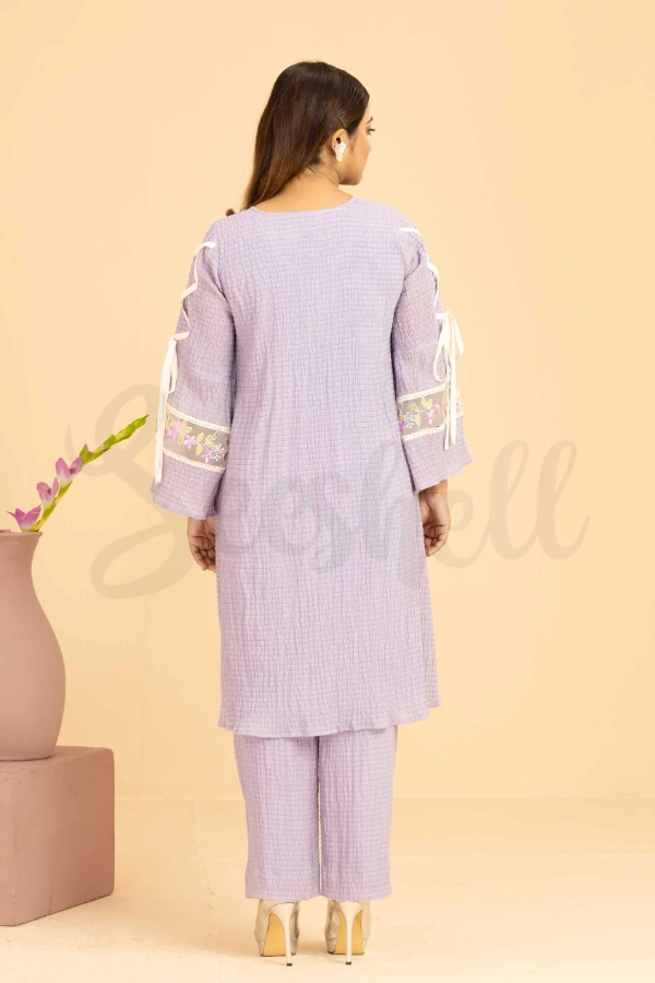 Lavender Crinkle Two Piece Set with Floral Embroidery — 3