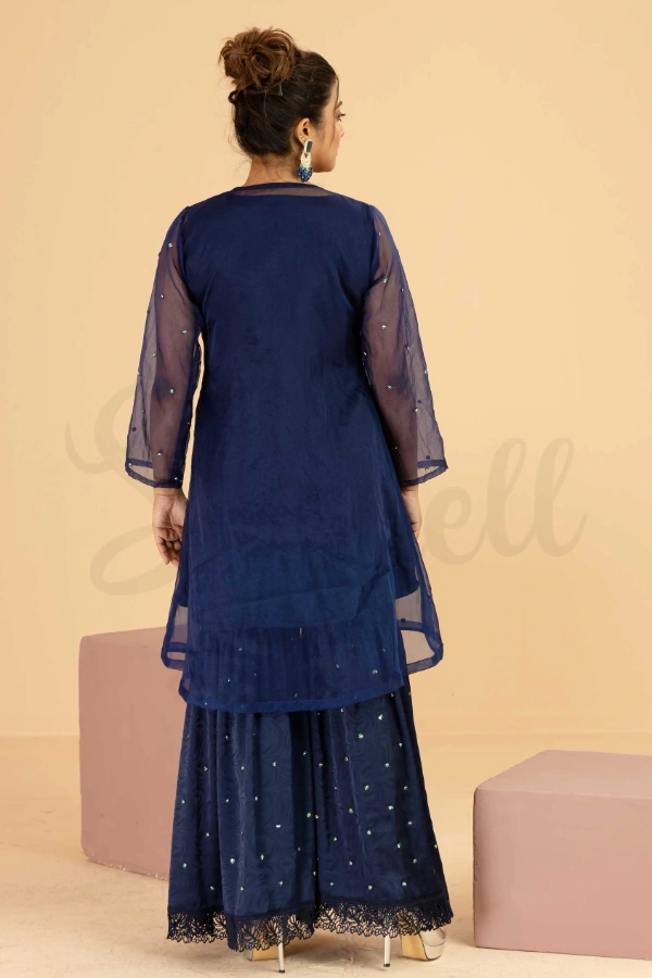 Midnight Blue Assymetric Koti Two Piece Set with Tambour Bead Work — 3