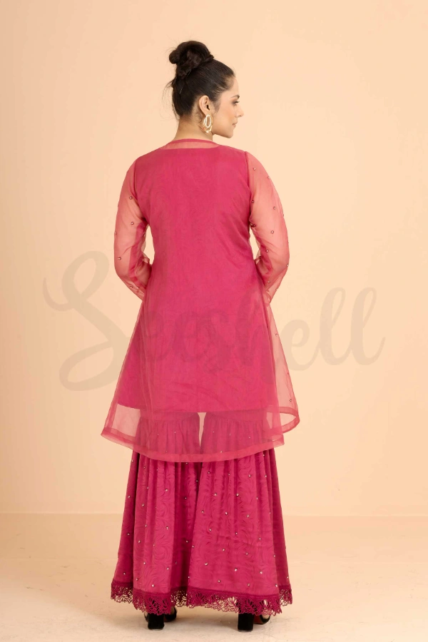 Crimson Red Assymetric Koti Two Piece Set with Tambour Bead Work — 3