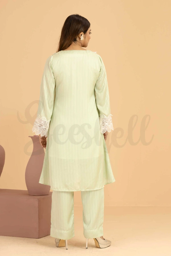Green Pistachio Two piece Set with Floral Lace Embellishment — 3