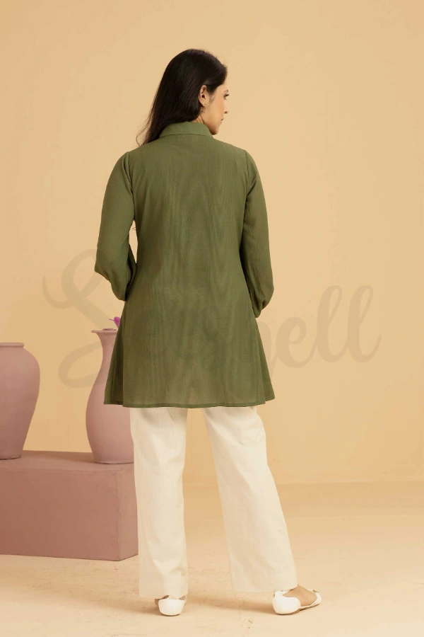 Moss Green Blended Silk Top with Lace Applique — 3