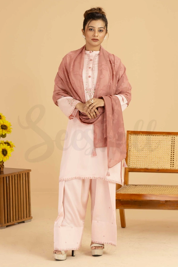 Light Pink And Mauve Contrast Semi Casual Three Pcs Dress