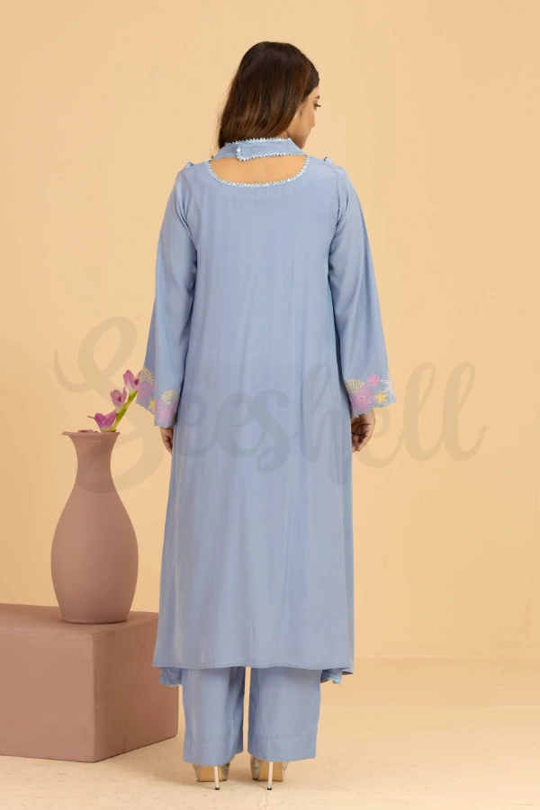 Powder blue emboidery work semi casual two pcs dress — 3