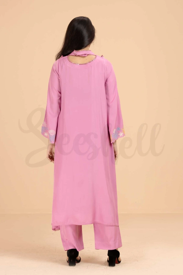 Rose pink emboidery work semi casual two pcs dress — 3