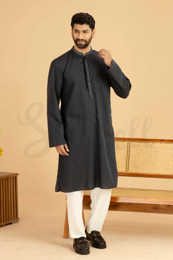 Midnight Blue Premium Panjabi With Hand Embroidery