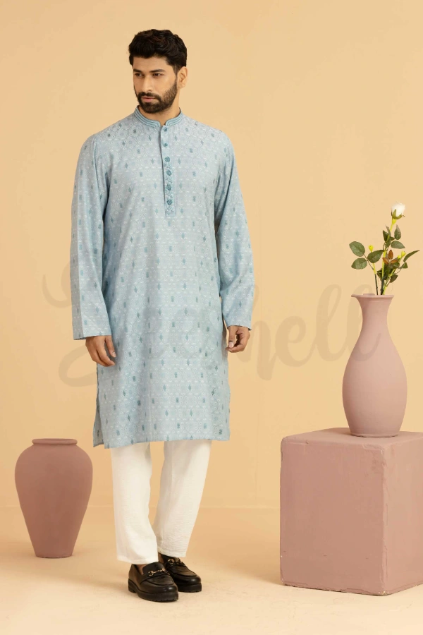 Premium Powder Blue Tambour Bead Work Panjabi — 3